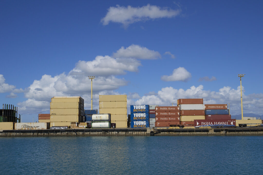 Honolulu port views showing Matson, Pasha and Young Brothers areas. The International Longshoremen's Association (ILA) is striking ports from Maine to Texas and at this point (October 1st, 2024) the strike is not expected to  affect Honolulu unless it spreads to the west coast.  (David Croxford/Civil Beat/2024)
